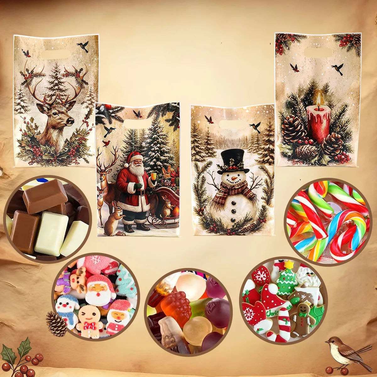 10/20/50 Stück Retro Weihnachtsgeschenktüten 4 Stile Landhaus-Thema Santa Süßigkeiten-Tragetasche Winter-Feiertagsparty-Dekorationen für Zuhause 2026 – Detail 5