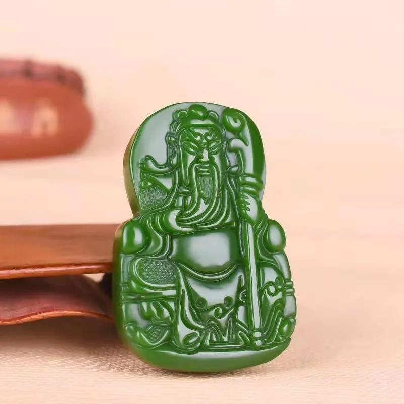 

Natural jasper spinach green outer Mongolian material Wu Fortune Guan Gong jade pendant men's