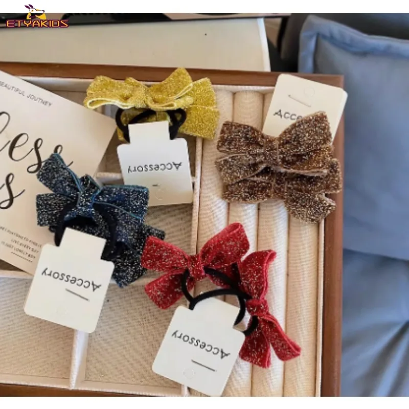 

1pair Glitter Kids Hair Accessories Brown Velvet Small Bow Elastic Bands Baby Toddler Hair Ties Cute Sweet Girl Headbands