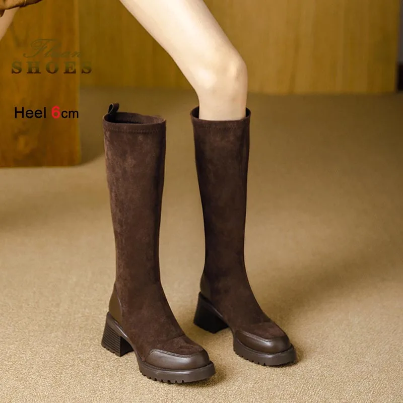 

2026 New Coarse Heel Black Long Boots Women High HeelsKnee Length Boots Fashion Square Head Stretch Tall Boots Lady Knight Boots
