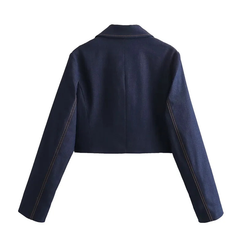 KEYANKETIAN 2024 New Launch Women\'s Zipper Short Jacket American Retro Navy blue Loose Turn Down Collar Outerwear Crop Top