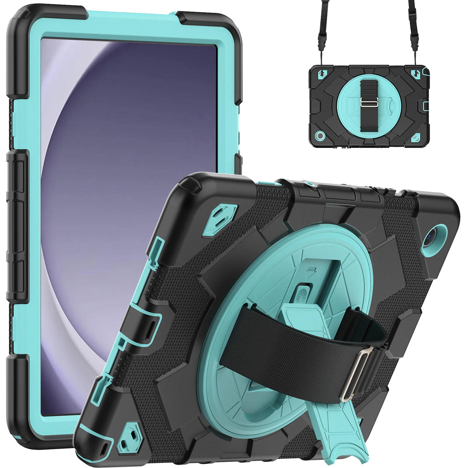 Draagriem Case Voor Samsung Galaxy Tab A9 SM-X110 X115 Plus SM-X210 SM-X216B Stand Armor Cover 360 Roterende 3-in-1 Bescherming