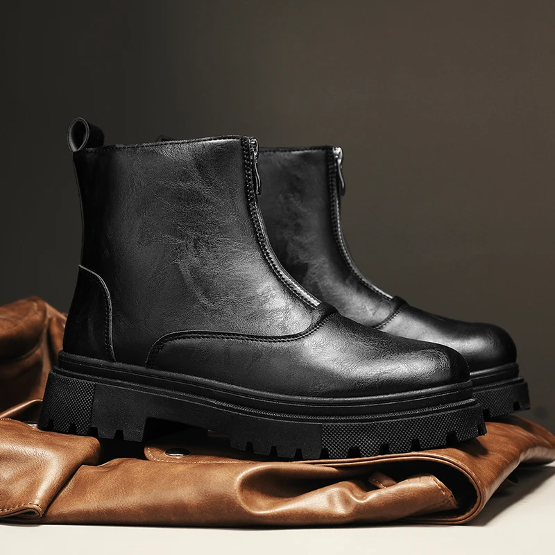 

Hot Sale Black Men's Chelsea Boot Leather Platform Boots Men Non Slip British Style Zipper Booties for Men botas de cuero hombre