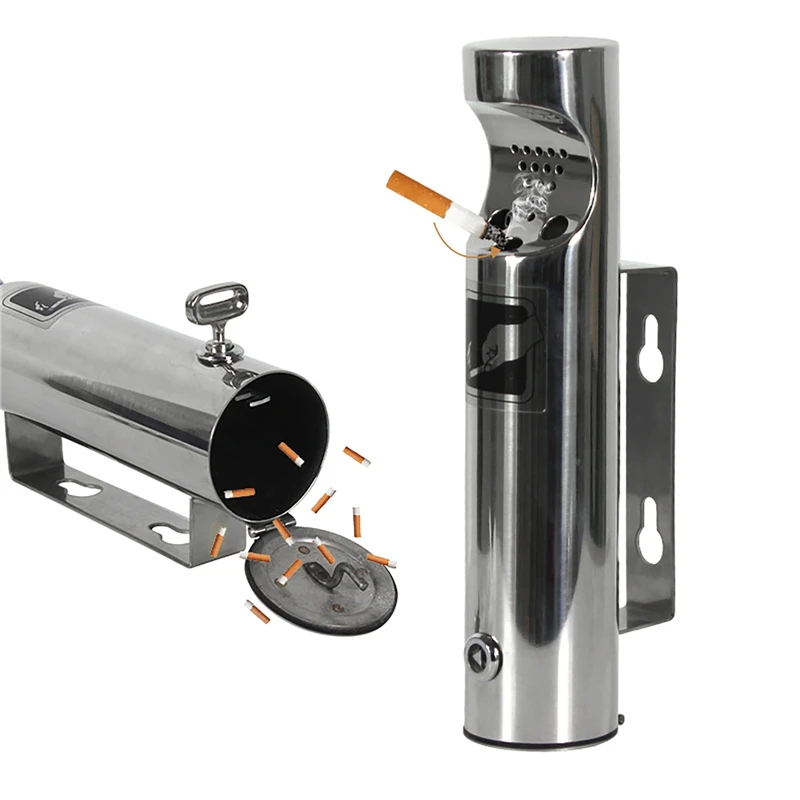 Wall-Mounted Ash Column Stainless Steel Ashtray Lockable Cylinder Cigarette Ash Bin for Outdoor Patio Public Cigarette Ash Tray