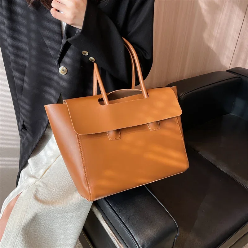 Classic Fashion Style PU Shoulder Bags Solid Large Capacity Simple Versatile Handbags for Women 2024 Commuting Retro Casual Tote