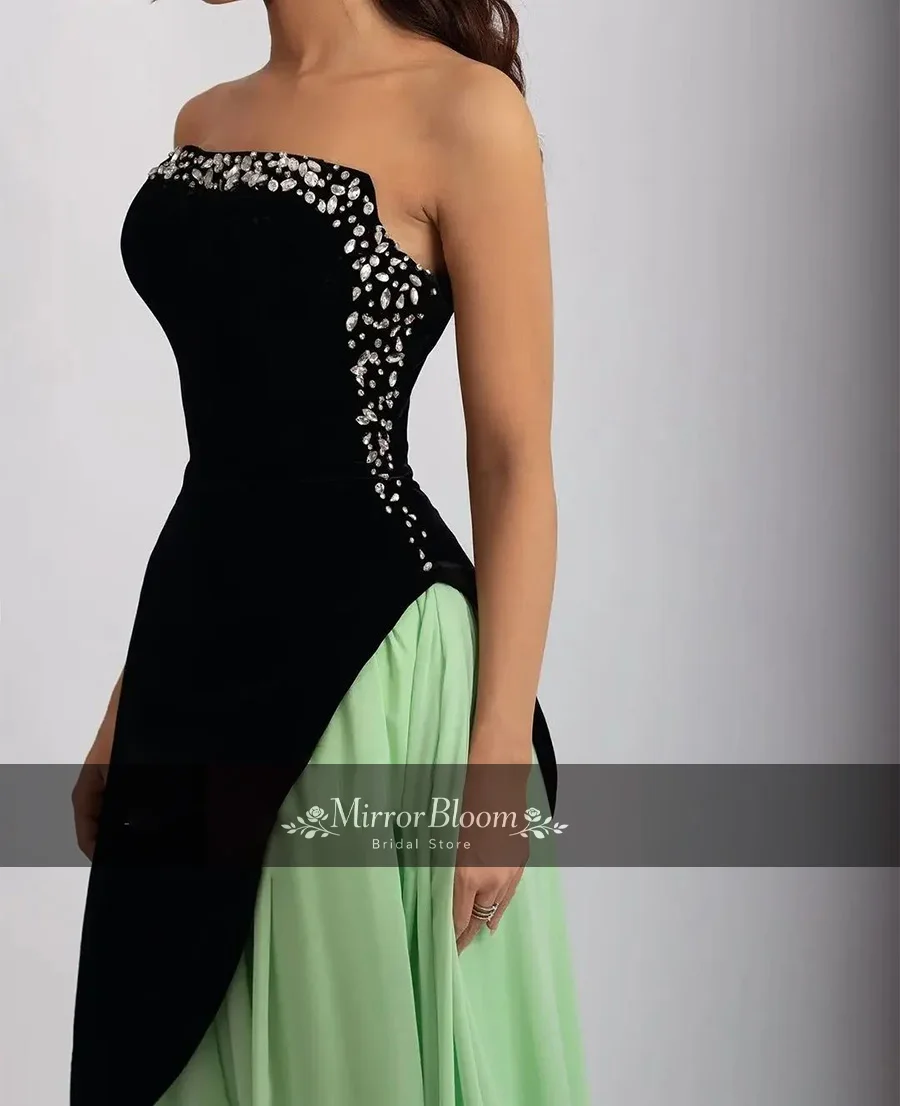 

Elegant Black & Mint Green StraplessFormal Evening Party Prom Gown Floor Length Dress Women Chiffon Beaded A-Line Customized