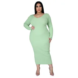 HAOOHU-Vestido feminino de malha de algodão, costela afundada, monocromático, casual plus size, roupas longas, moda, outono e inverno, 2023