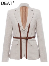 DEAT Fashion Women's Blazer Notched Collar Spliced Contrasting Colors PU Leather Belt Suit Jackets Spring 2024 New Tide 17A3047