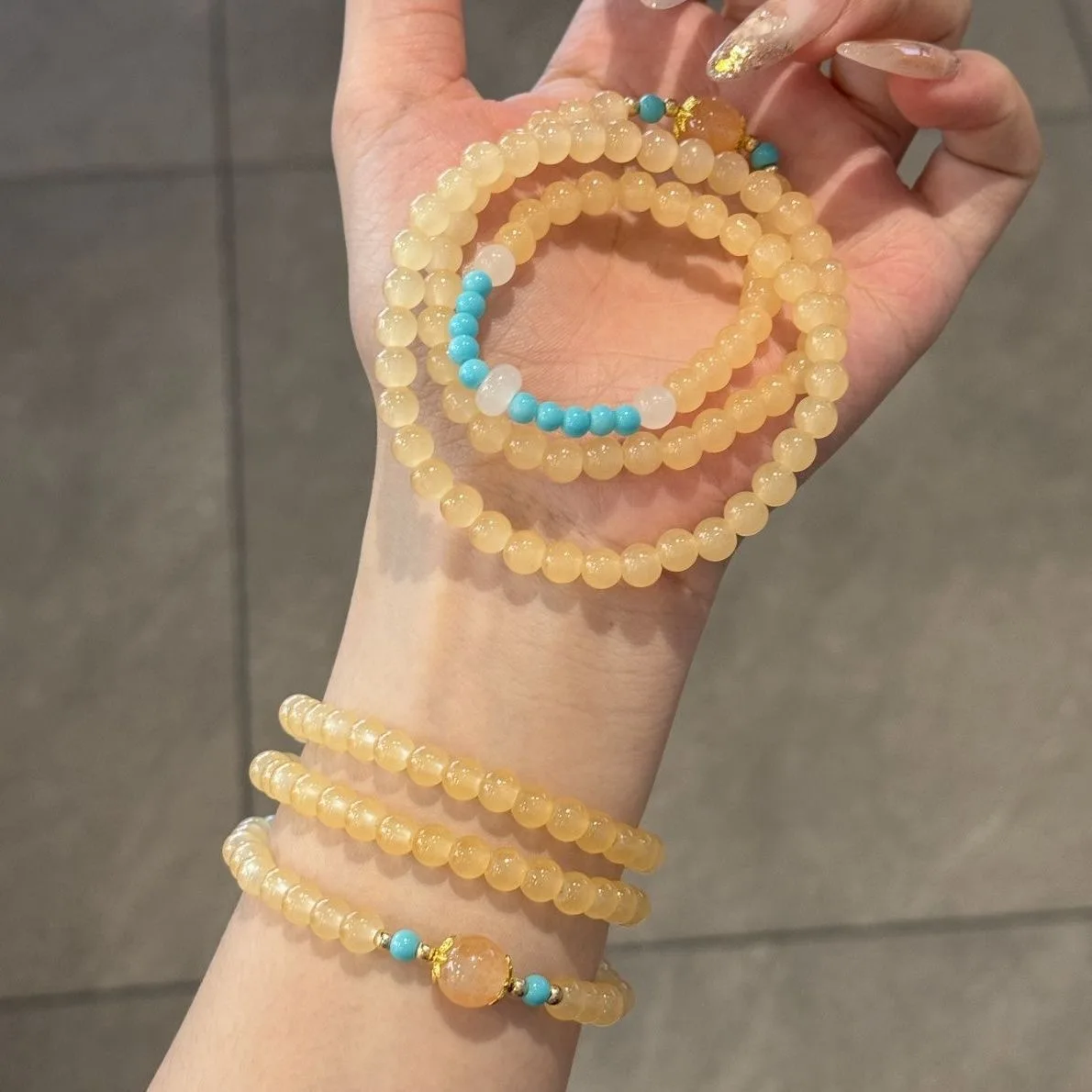 Chinese Style Woven Three-Loop Bracelet with Translucent Corn Yellow Beads for Summer, Luxury Premium Friendship Hand Jewelry