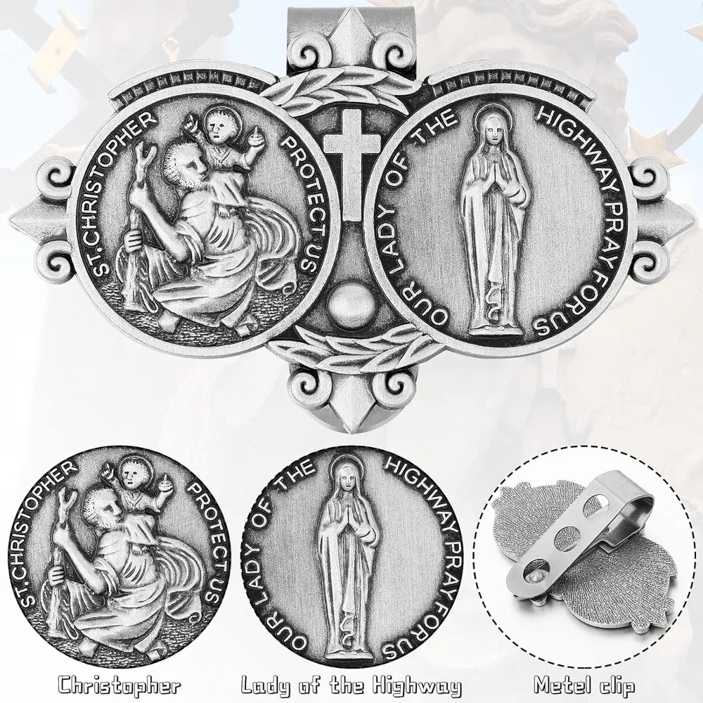 St Christopher Medal for Car St Christopher Catholic Visor Clip for Car Our Lady of The Highway Visor Clip Silver Car Driver Vis