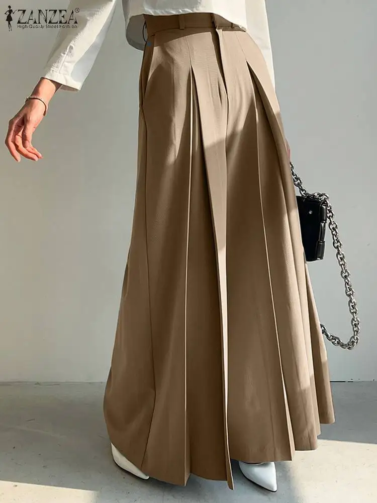 ZANZEA Vintage Pleated Trousers Women High Waist Baggy Pants Elegant Loose Wide Leg Pantalon Streetwear Palazzo Fashion Palazzo