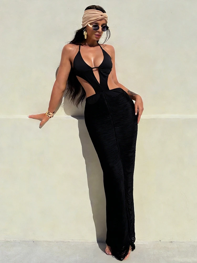 이상한 스타일의 백리스 드레스 여성용 태슬 헴 홀터 딥 V넥 레이스업 피치 힙 섹시 비치 휴가 스트레치 슬림 바디콘