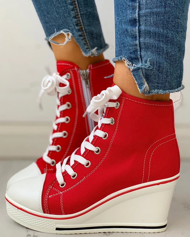 

Eyelet Lace-Up Platform Wedge Sneakers Solid Platform Casual Shoes