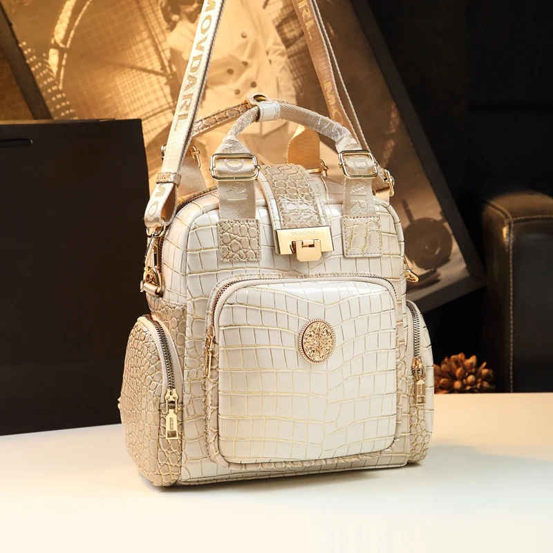 2024 Genuine Leather Women Backpacks Female Handbags Large Capacity Shoulder Crocodile Pattern Backpack Portable Mommy Bag Tide