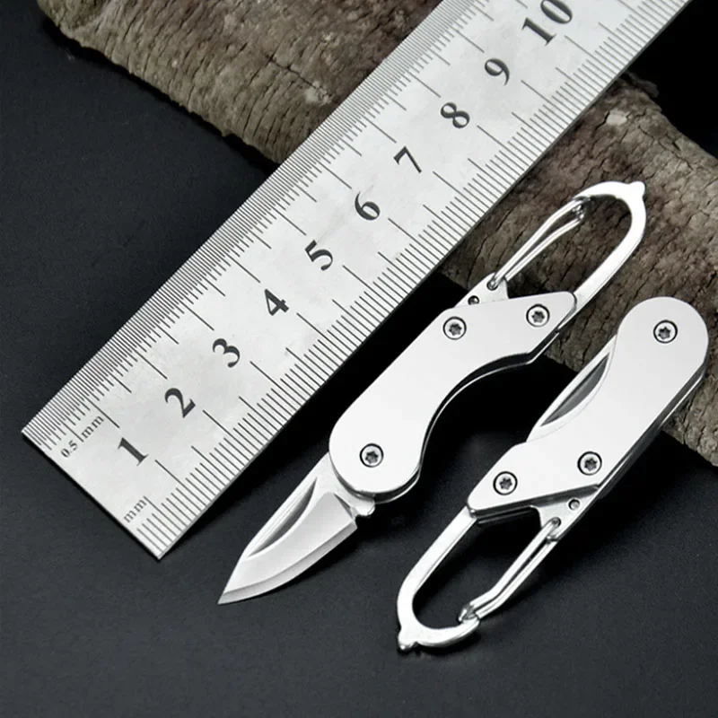 Portable Stainless Steel Lockless Folding Knife for Outdoor Camping with Keychain, Anti Slip Handle, and Tail Keychain Design