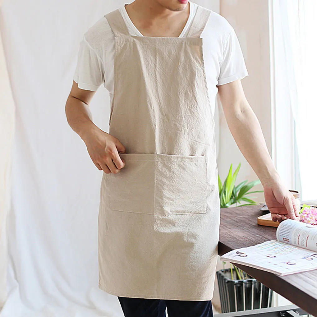 Women Kitchen Apron Breathable Washed Cotton And Linen Comfortable Wear Widened Shoulder Straps khaki