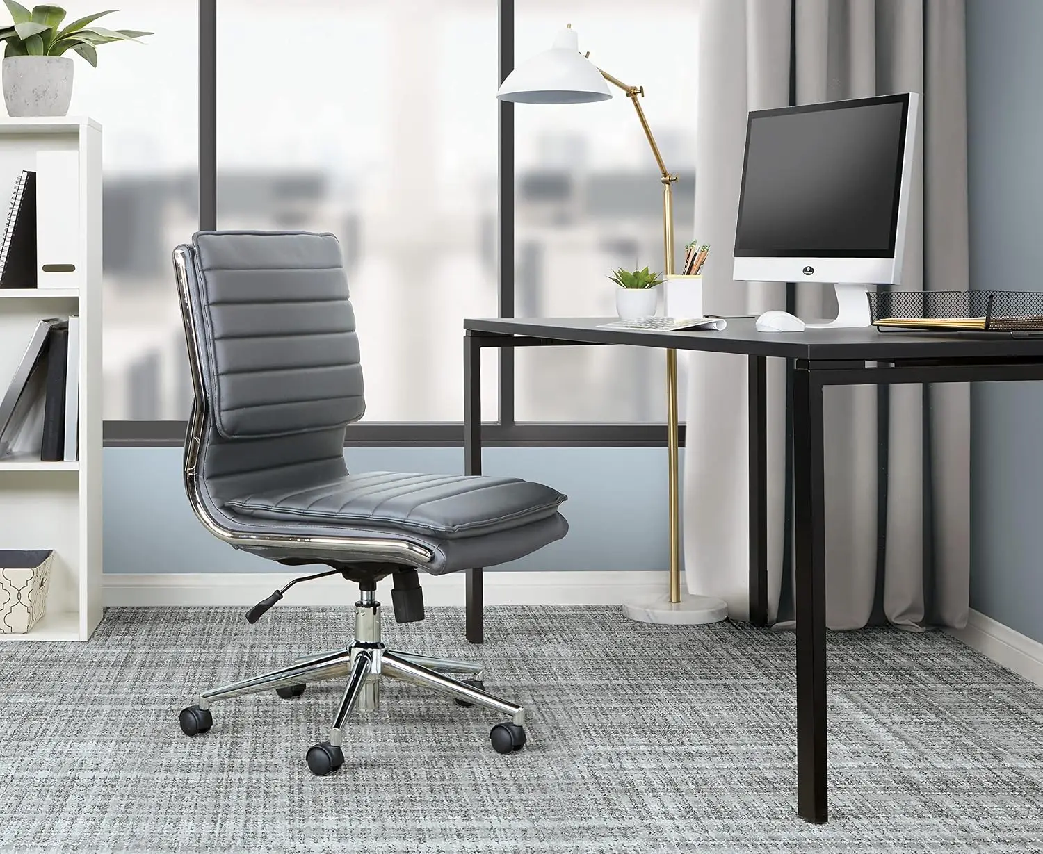 Professional Ergonomic Ribbed Faux Leather Office Chair Without Arms, Mid Back Chrome Base Manager Desk Chair, Customized