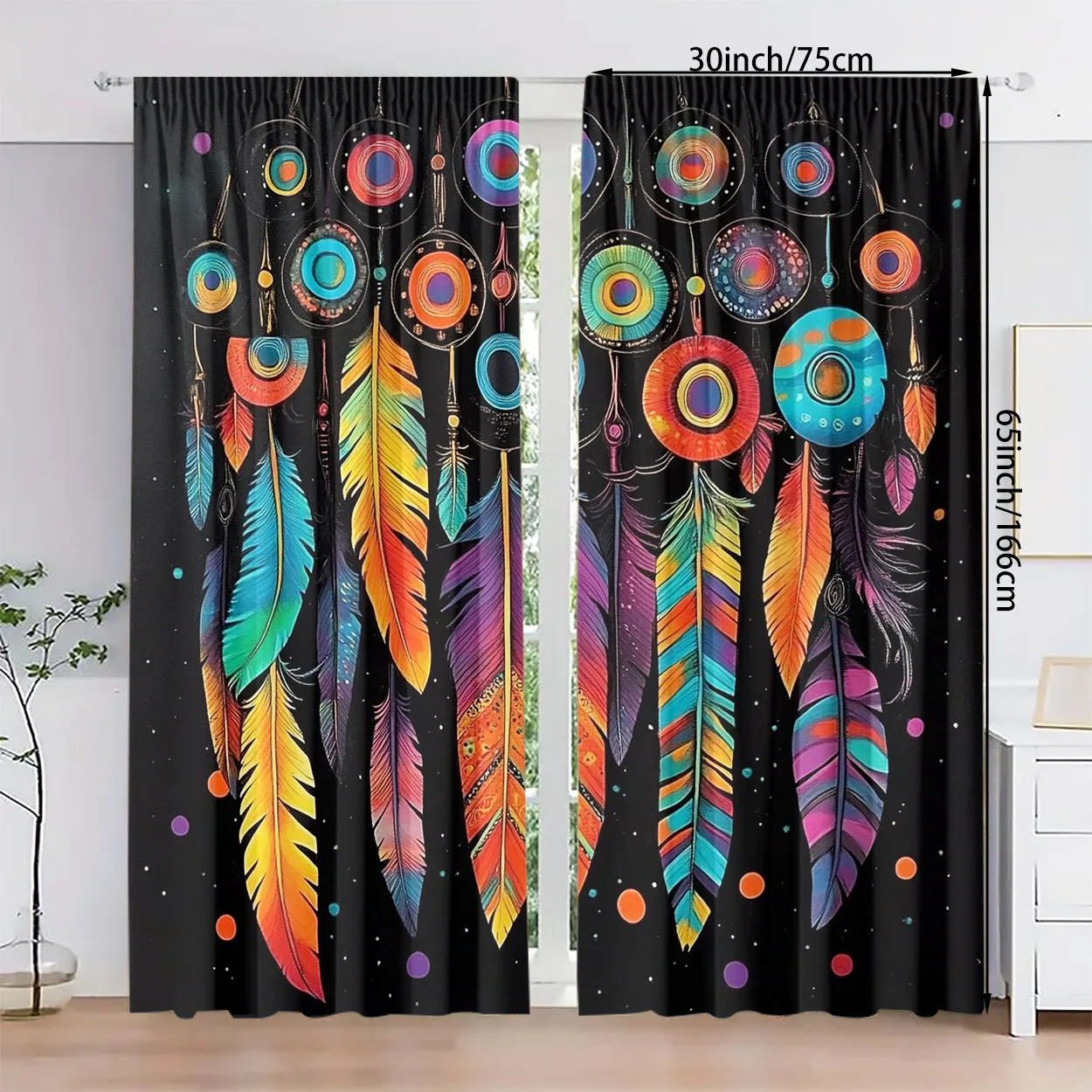 Colorful feather wind chime pattern Print Drapes Room Darkening Window Curtains Home Decor,Rod Pocket Blackout Curtains Bedroom