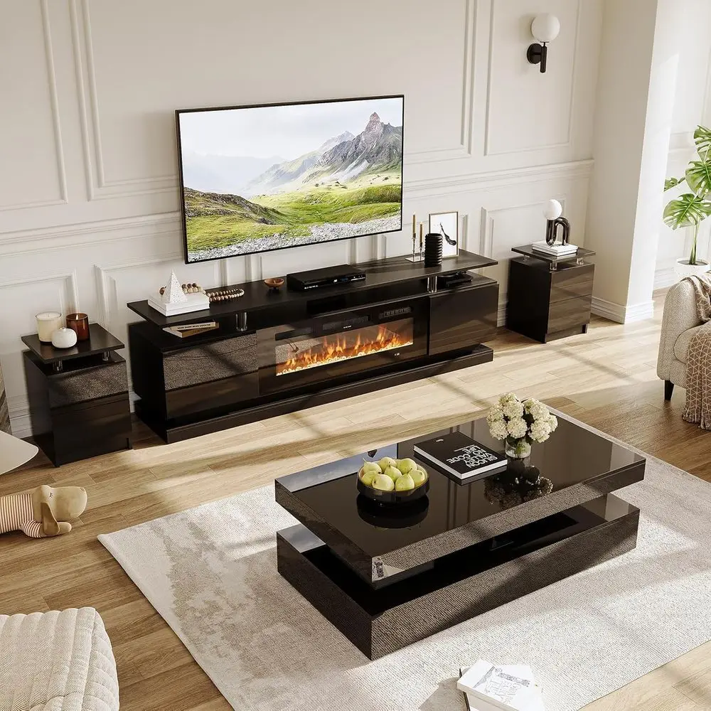 

Black High Gloss 4-Piece Living Room Furniture Set: 70 TV Stand, LED Coffee Table, 2 End Tables with Storage