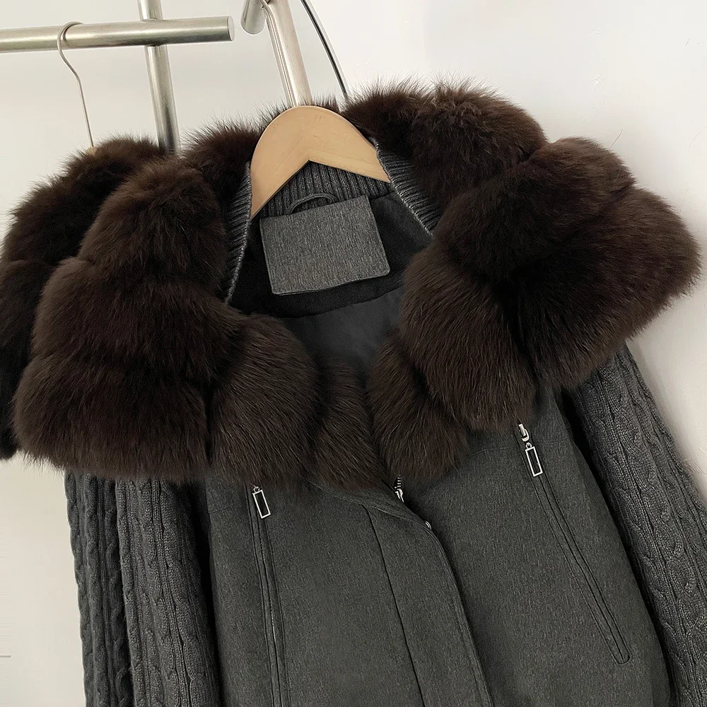 OFTBUY Cable Knit Sleeve Zipper Drawstring Hem Cropped Coat 90 White Duck Down Jacket Women Cozy Warm Winter Real Fox Fur Collar