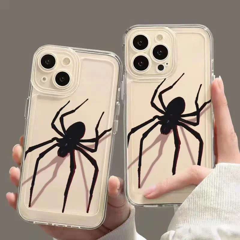 Black and white spider web transparent phone case 15 11 14 Pro Max 13 12 Mini X XS Max XR 7 8 Plus SE Shock-proof Soft Cover