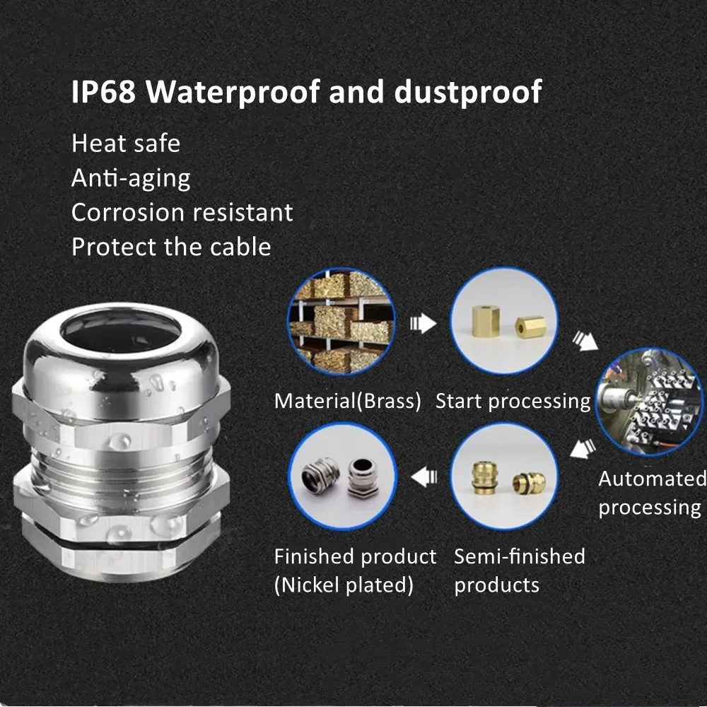 10PCS Waterproof Cable Gland Connector IP68 Nickel Plated Brass Metric Cable PG7 PG9 PG11 PG13.5 PG16 PG19 PG21 3-32mm Cable
