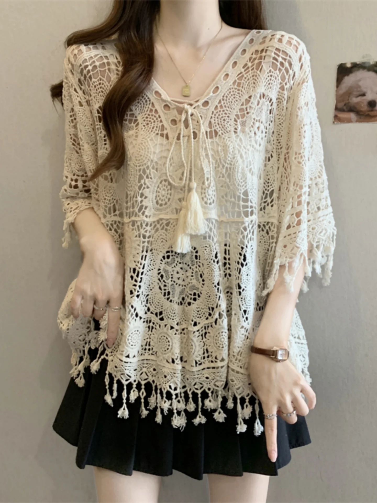 Bohemian Hollow out V-Neck Knitted Cover up Women's Outerwear Summer plus Size Slimming Design Tassel Top Korean Style