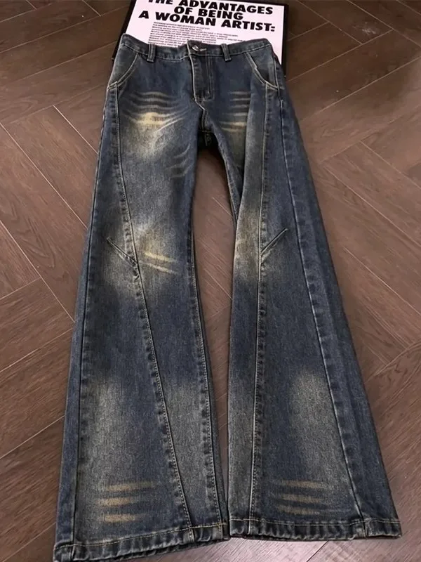 

Retro Washed Distressed Knife Straight Leg Men's Jeans American High Street Vibe Workwear Trousers CleanFit Long Pants