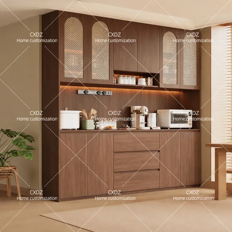 Solid Wood Dining Side Cabinet Integrated Wall Locker Retro Style Living Room Storage Unit Walnut Coffee Cabinet Home