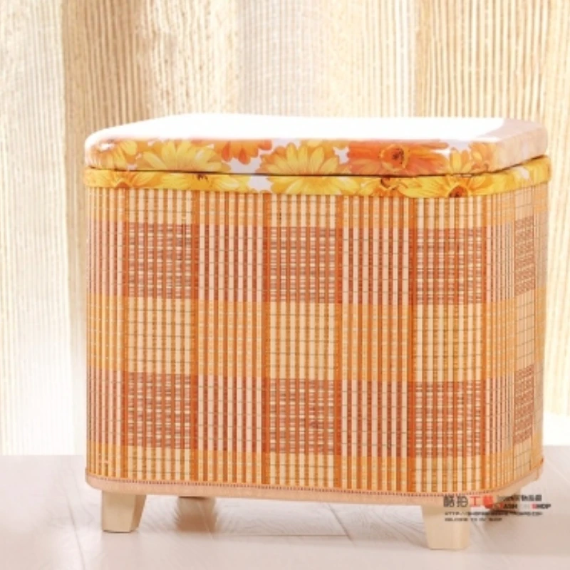 

Eco Bamboo Woven Storage Stool, Wooden Sofa Bench, Hallway Balcony Shoe Stool, Multi-Functional Organizer Box Footrest