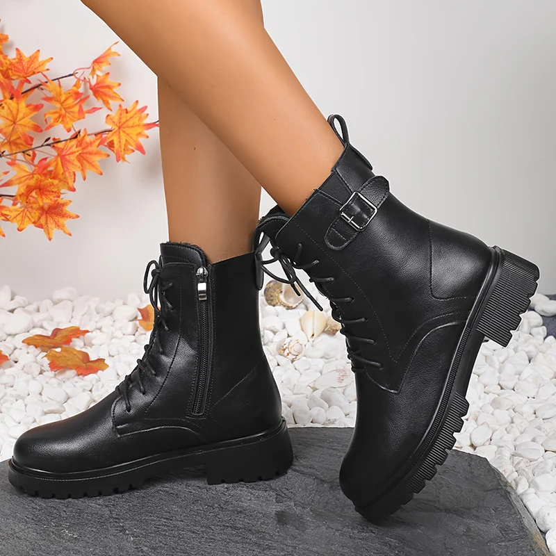 Classics Black Lace Up Pu Leather Boots Women Plush Lined Plus Size Ankle Boots New Side Zipper Thick Heel Modern Booties