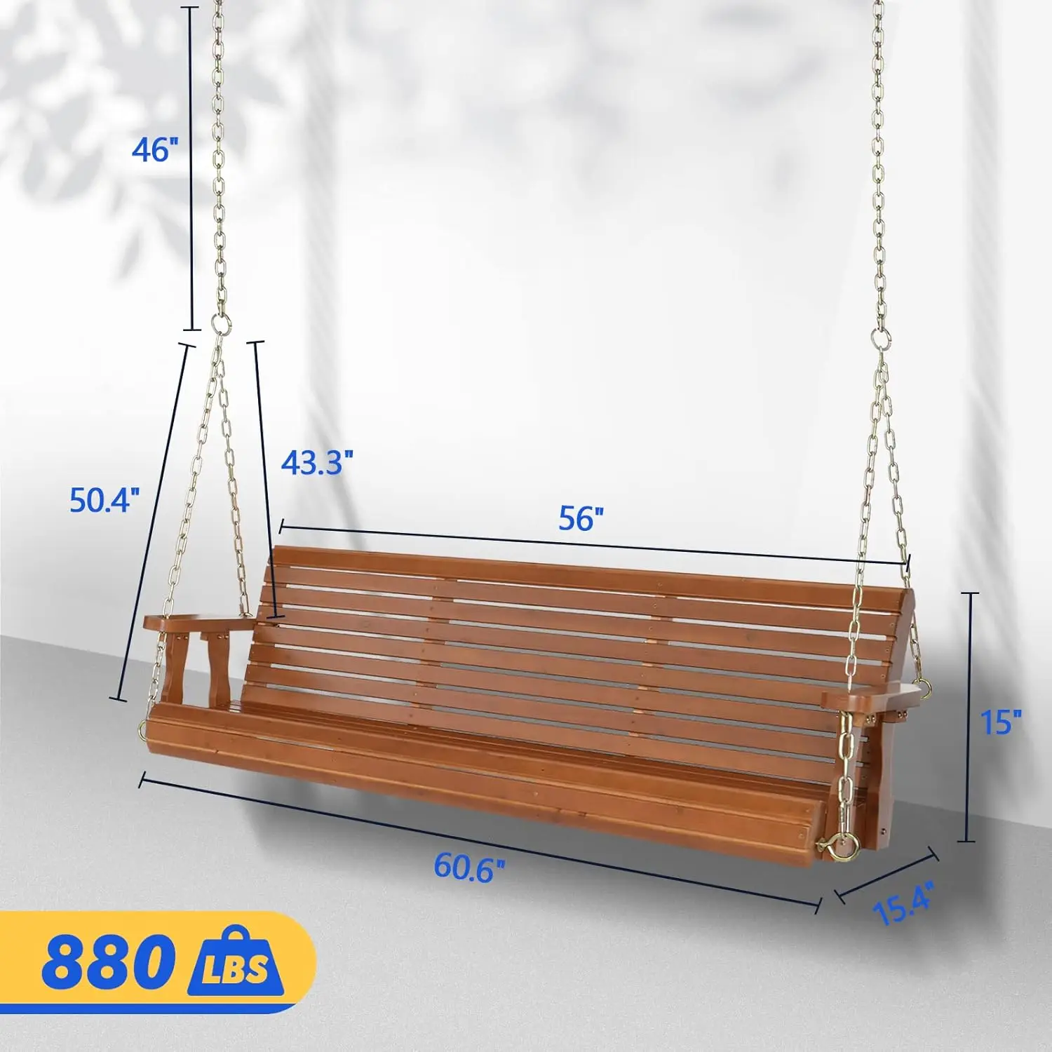 Columpio de madera mejorado para patio y jardín, banco de silla columpio resistente de 880 libras con cadenas colgantes para Ou