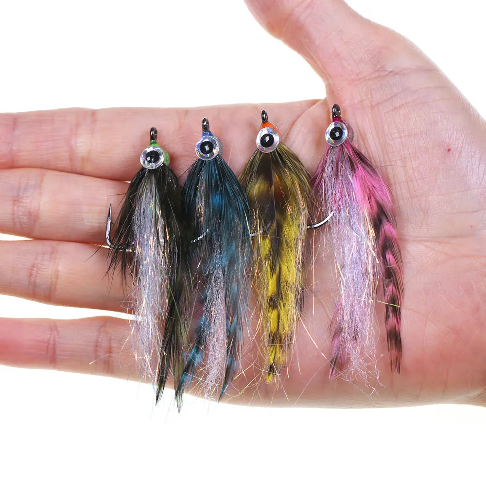 2/4 peças # Isca Artificial de Pesca Marítima e de Rio com Olhos de Peixe 3D em Epóxi, tipo Streamer e Minnow, com Hackle Grizzly Saddle, para Lúcio, Truta, Robalo e Steelhead