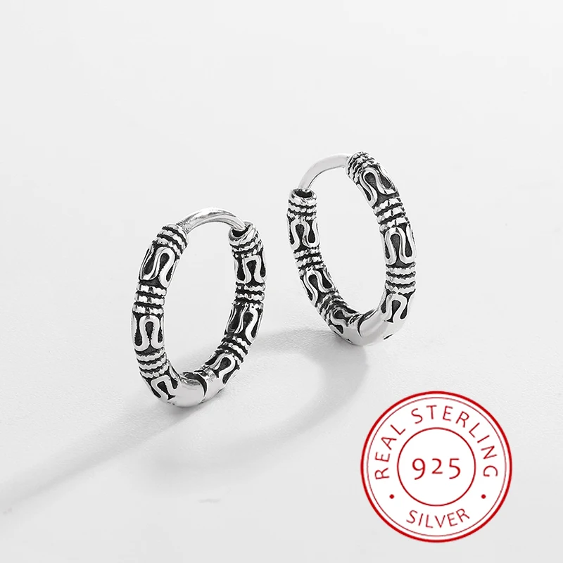 

Retro Genuine S925 Silver Men's Hoop Earrings Round Beads Twisted Rope Circle Geometric Earrings Jewelry for Women