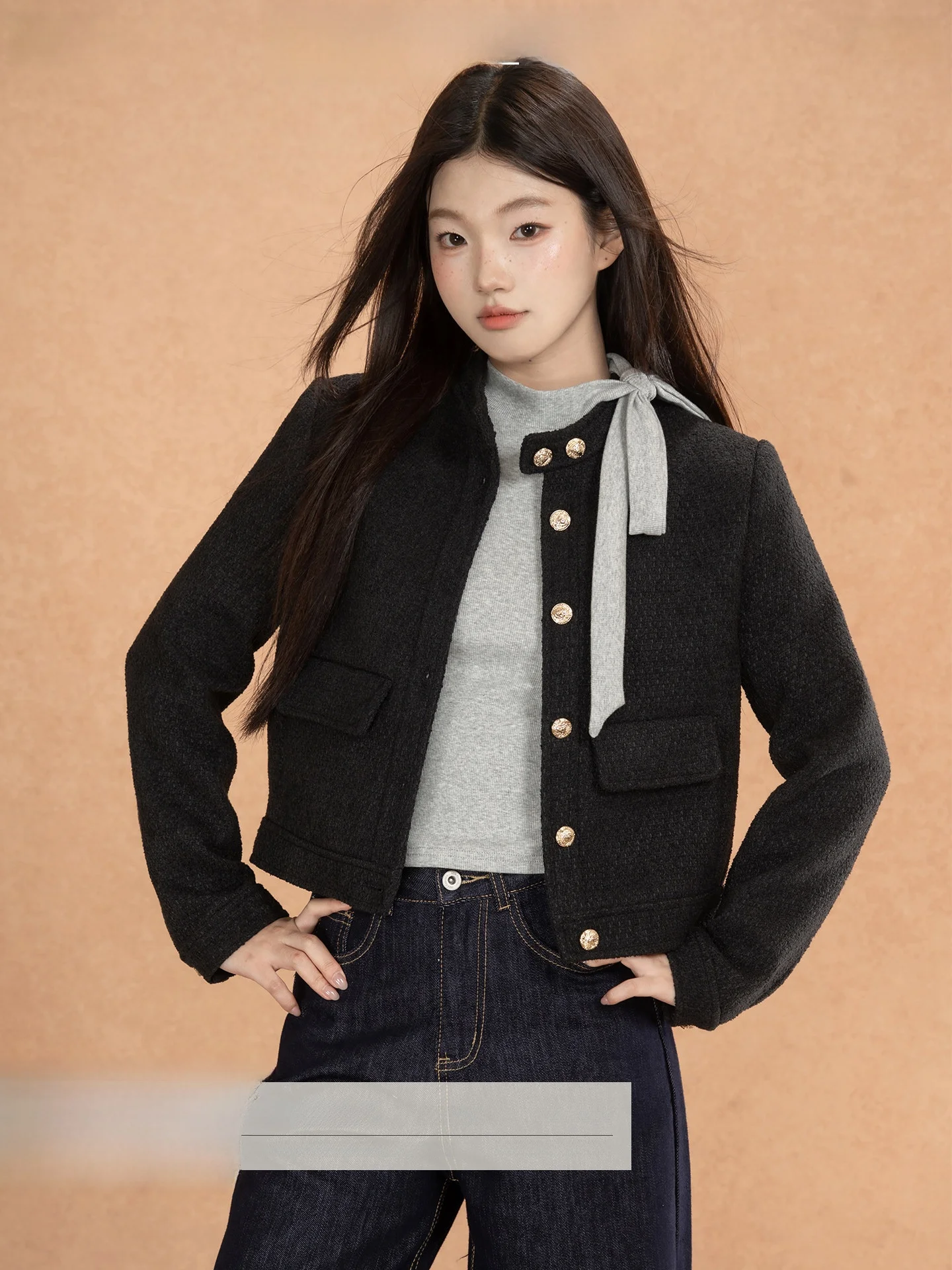 

Loveheynew Ele ort Stand Collar Quandam Sle Women's Jaet Autumn High Faion Agel Versatile Cotton Blend Top