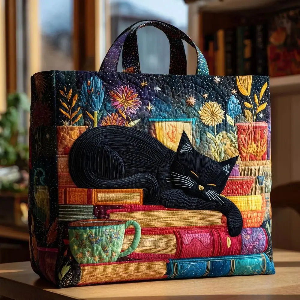 New Cat Pattern Quilted Tote Bag Floral Print Soft Shoulder Tote Bag Durable 3D Shoulder Bag