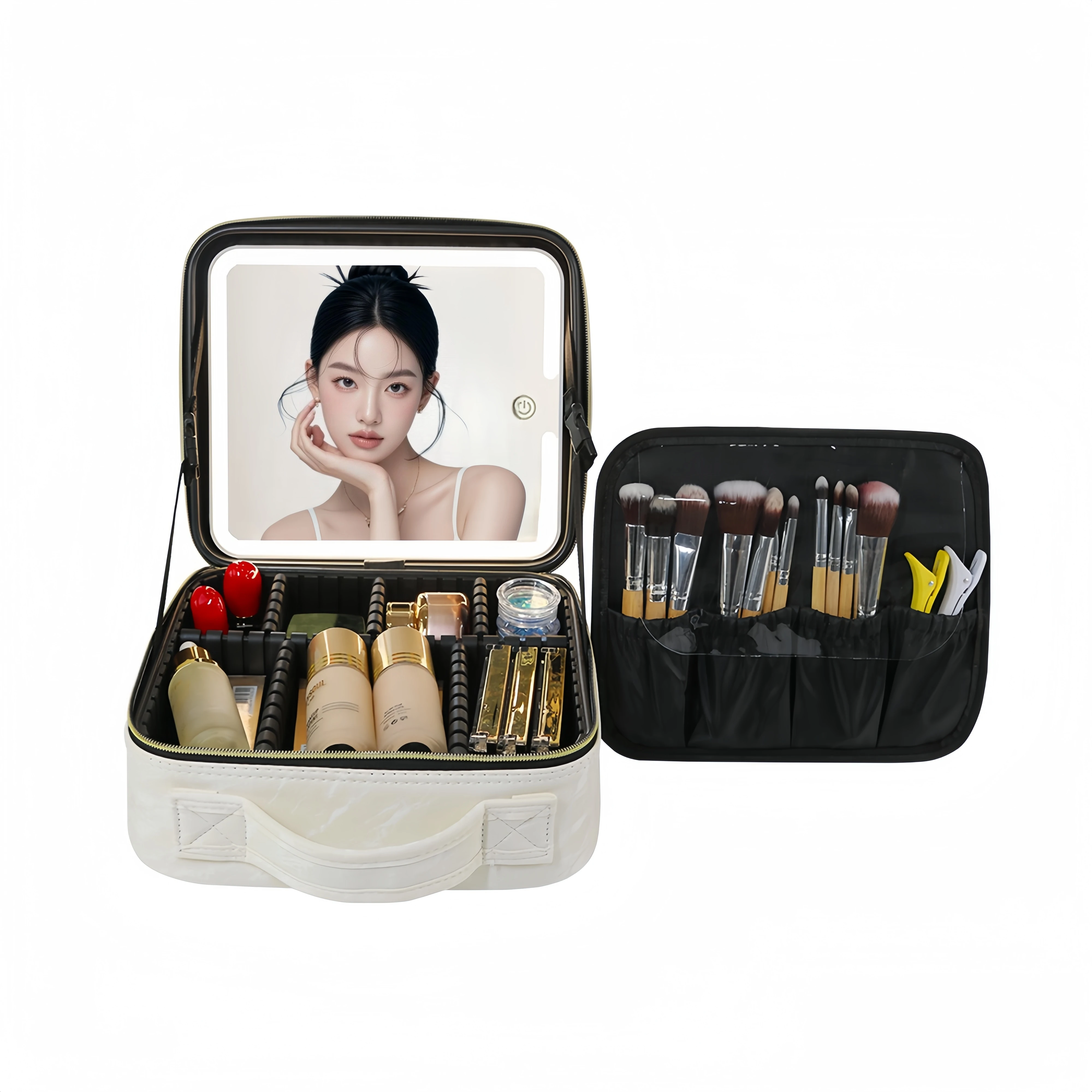 Travel Makeup Bag with LED Lighted Mirror, Cosmetic Makeup Organizer Bag with 3 Color Setting, Makeup Train Case with Adjustable