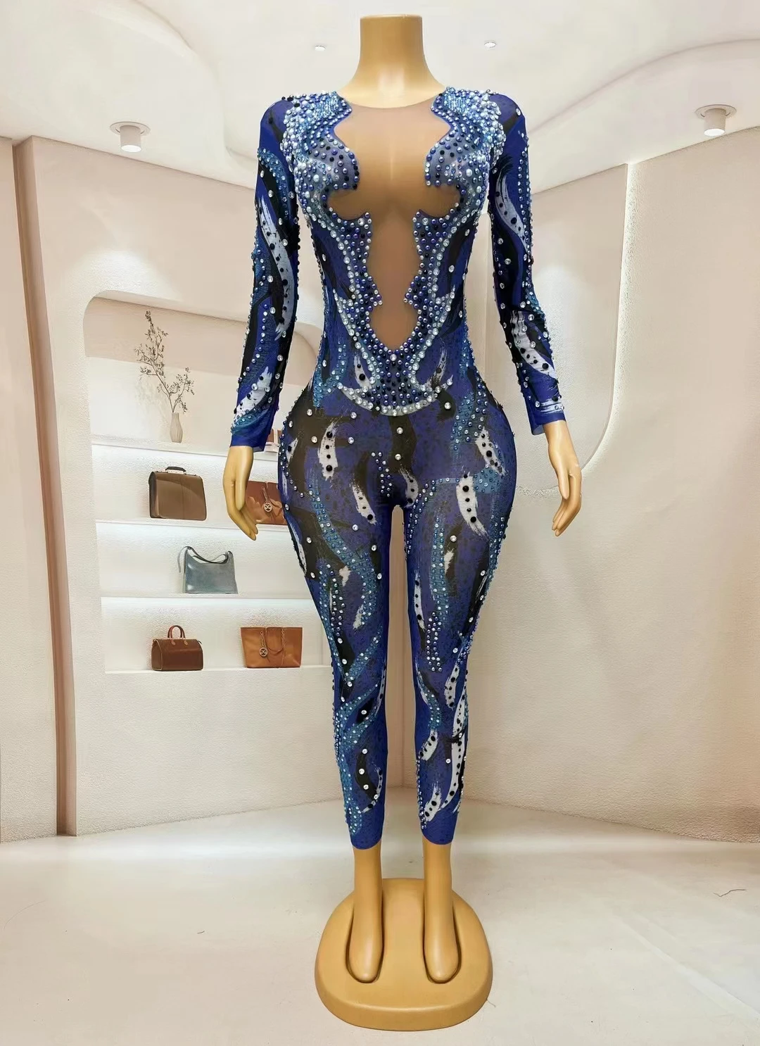 Print Low Cut Transparent Tight Jumpsuit Shiny Rhinestone Club Party Sexy Outfit Singer Stage Wear Nightclub Performance Costume