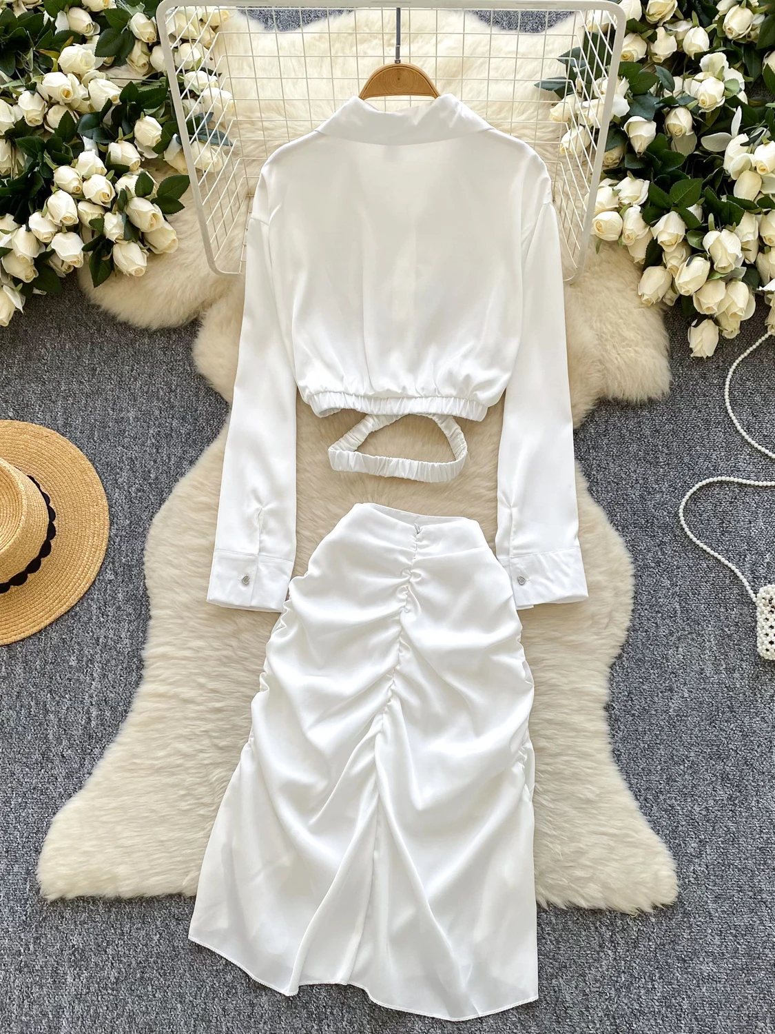 

Ele ort Svel Satin Women's Top And Skirt Set High Waist Asymmetrical f-length Faionable Lady Sle
