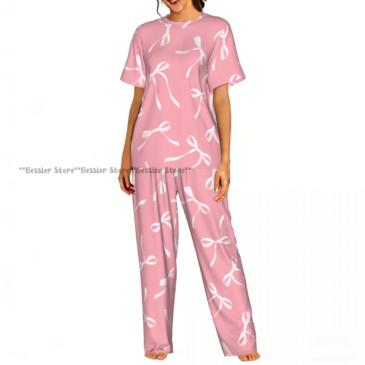 Women's Comfort Pajamas Women's Ribbon Bows Pattern Short Sleeve Set Sleepwear