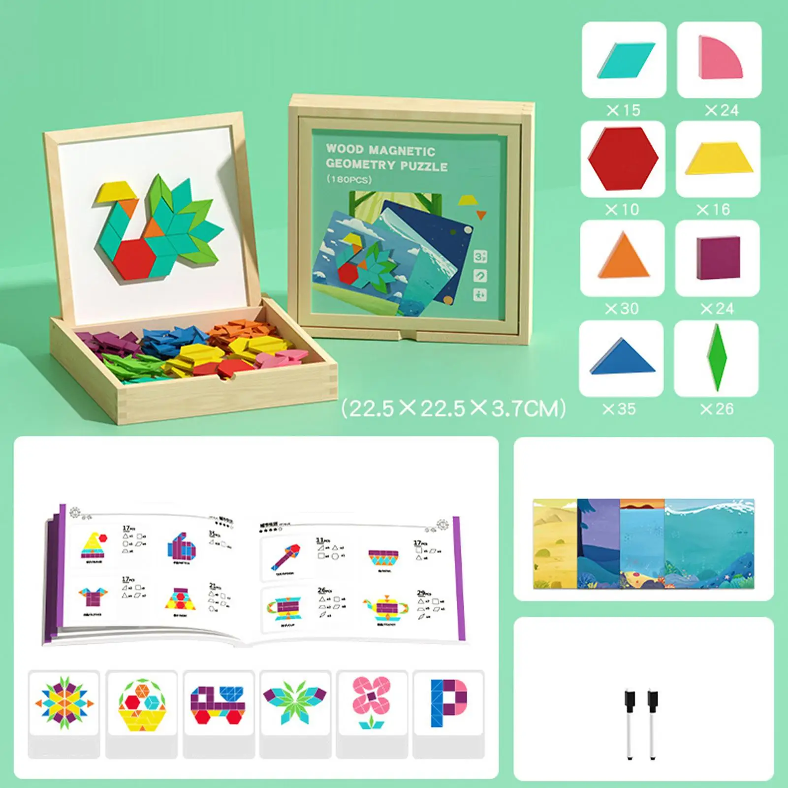 

Magnetic Wooden Pattern Blocks Set STEMs Geometry Learning Toys For Kids 4-8, Educational Puzzle With Activity Cards