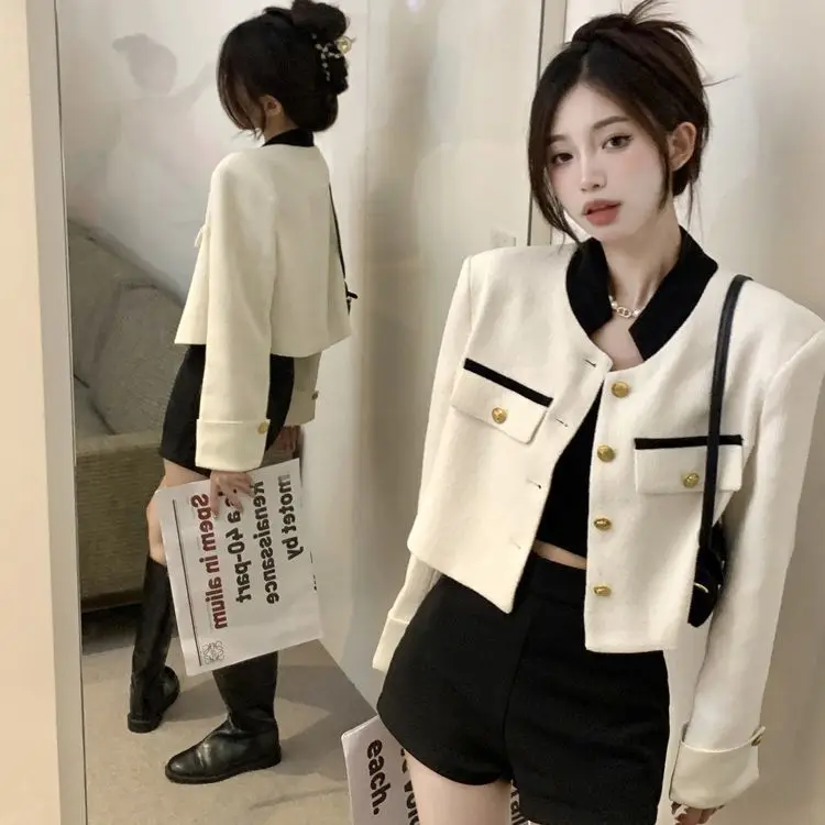 

2023 Top Korean Spliced Cropped Tweed Jacket Women Spring Single Breasted Streetwear Outerwear Stand Collar Coat Fashion Vintage