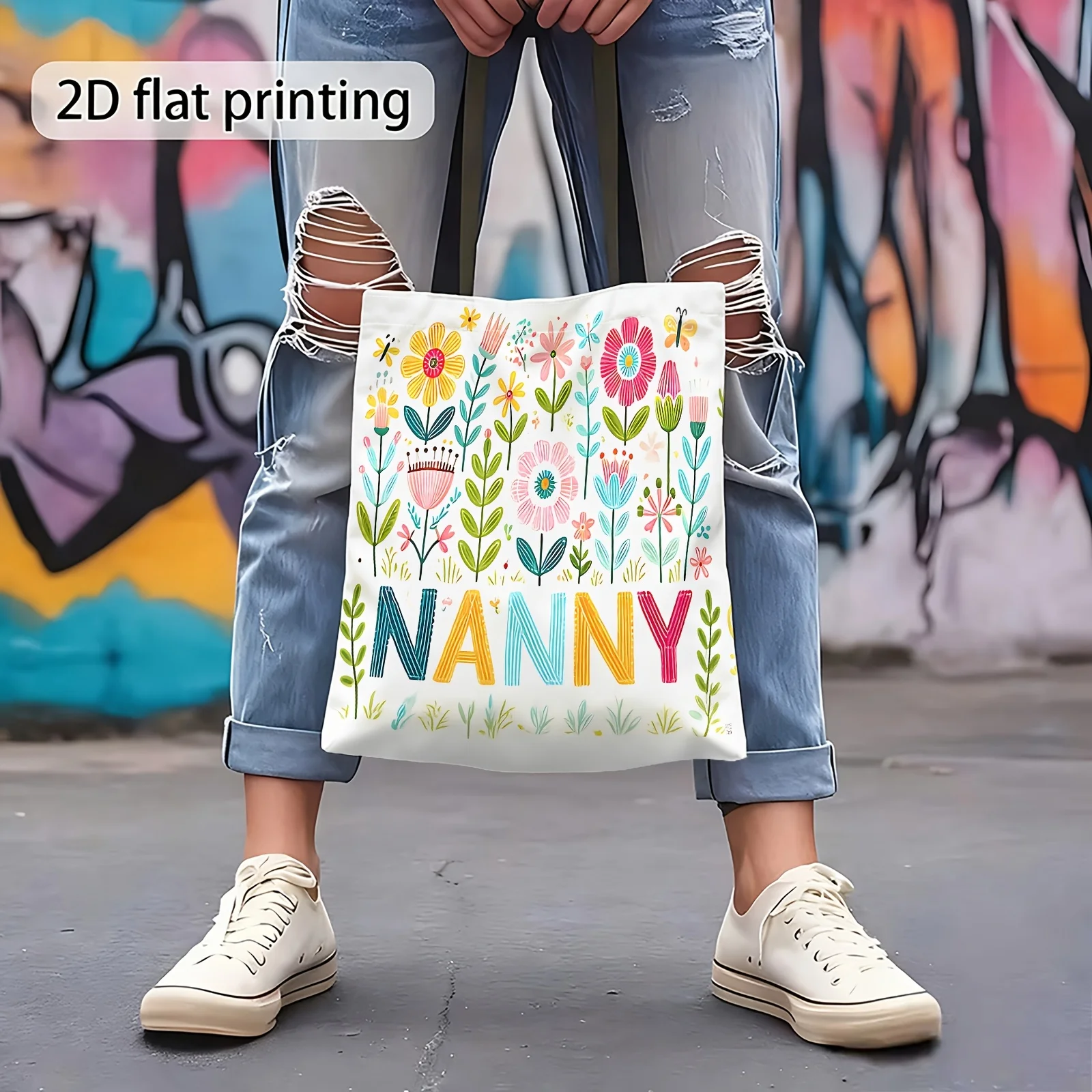 1pc [Tote Bag] 2D Flat Effect, Pastoral Style Hand-Painted Colorful Wildflowers Butterflies NANNY Letter Pattern Tote Bag, Large