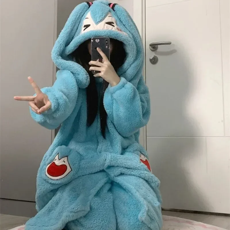 

Cartoon Anime Hatsune Miku Women Hooded Pajamas Winter Plush Robe Set Kawaii Can Go Out Homewear Loose Warm Sleeping Trousers