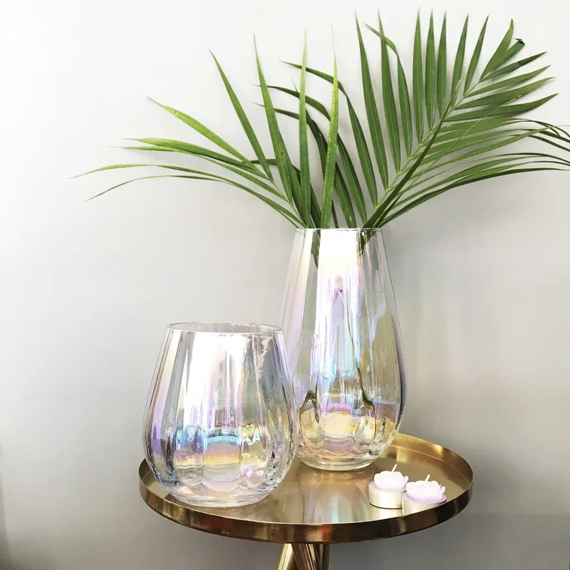 Iridescent  Colorful rainbow vertical pattern transparent glass vase desktop ornaments flower arrangement