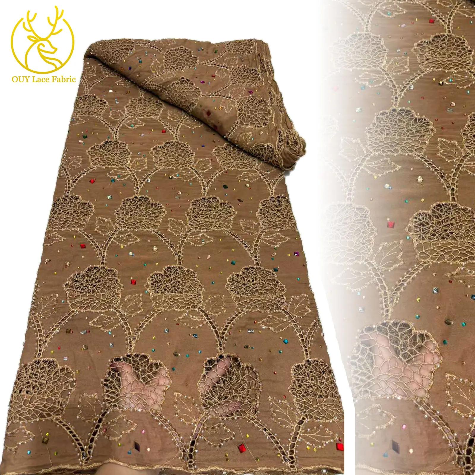 

Brown African Guipure Corded Lace Fabric 2025 Hot Sale Nigerian Gemstone Milk Silk Corded Lace Fabric for Women's Party Dresses