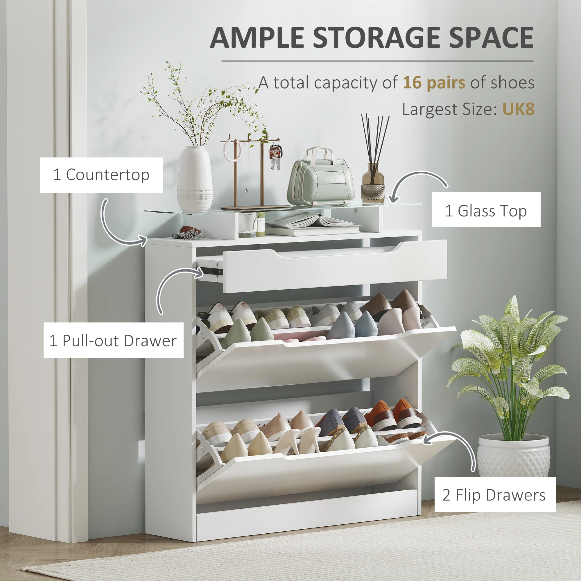 HOMCOM Shoe Cabinet w/ 3 Drawers, High Gloss Front Panels w/ Glass Top White