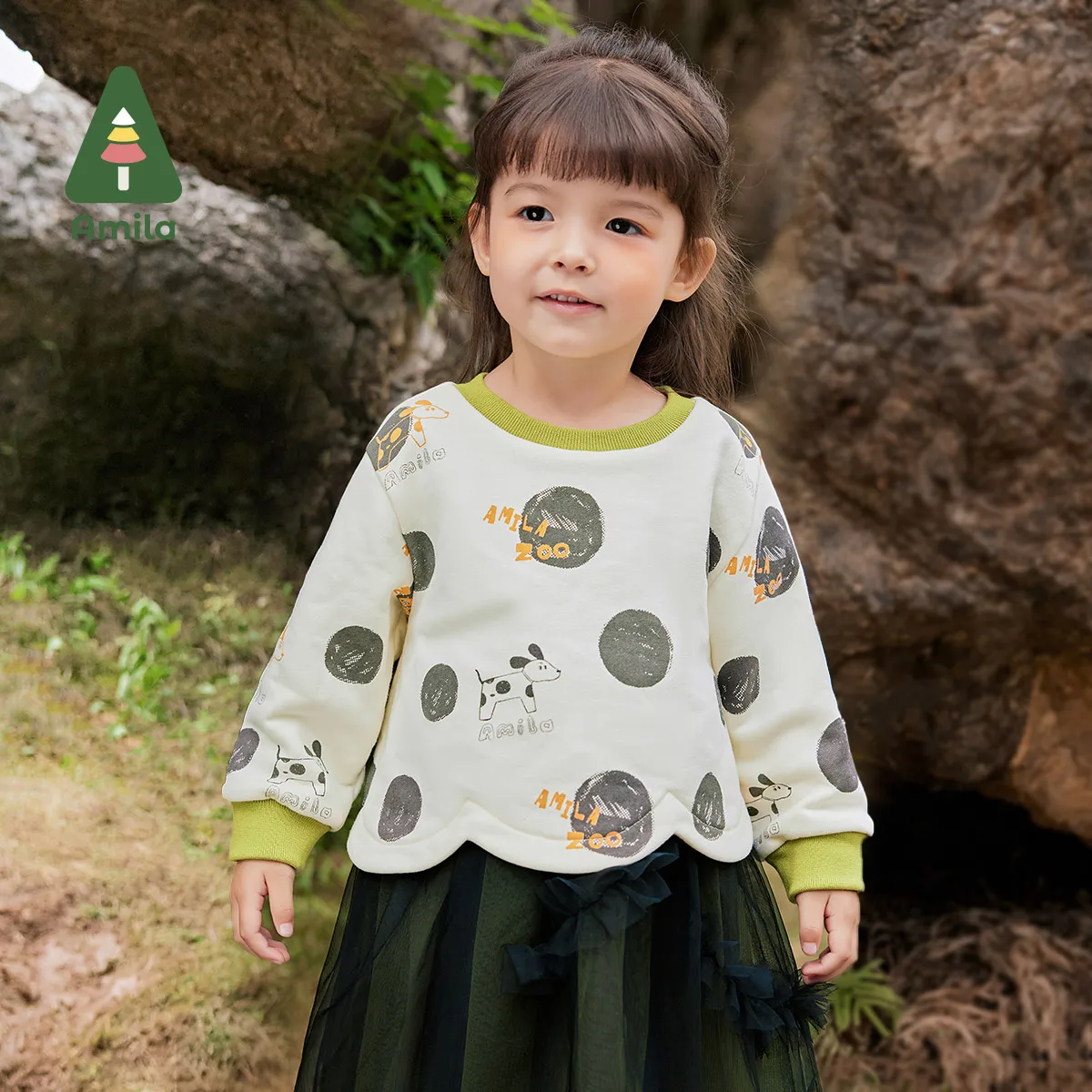 Amila Baby Dress 2024 Autumn New Girls Original Fake Two-Piece Round Neck Polka Dot Top Contrast Color ChildrenâS Gauze Skirt