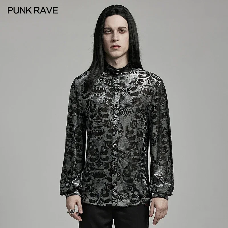 PUNK RAVE Men's Gothic Velvet Floral Crown Pattern Shirt Fit Design Gorgeous Party Club Black Tops Designer Clothes Men