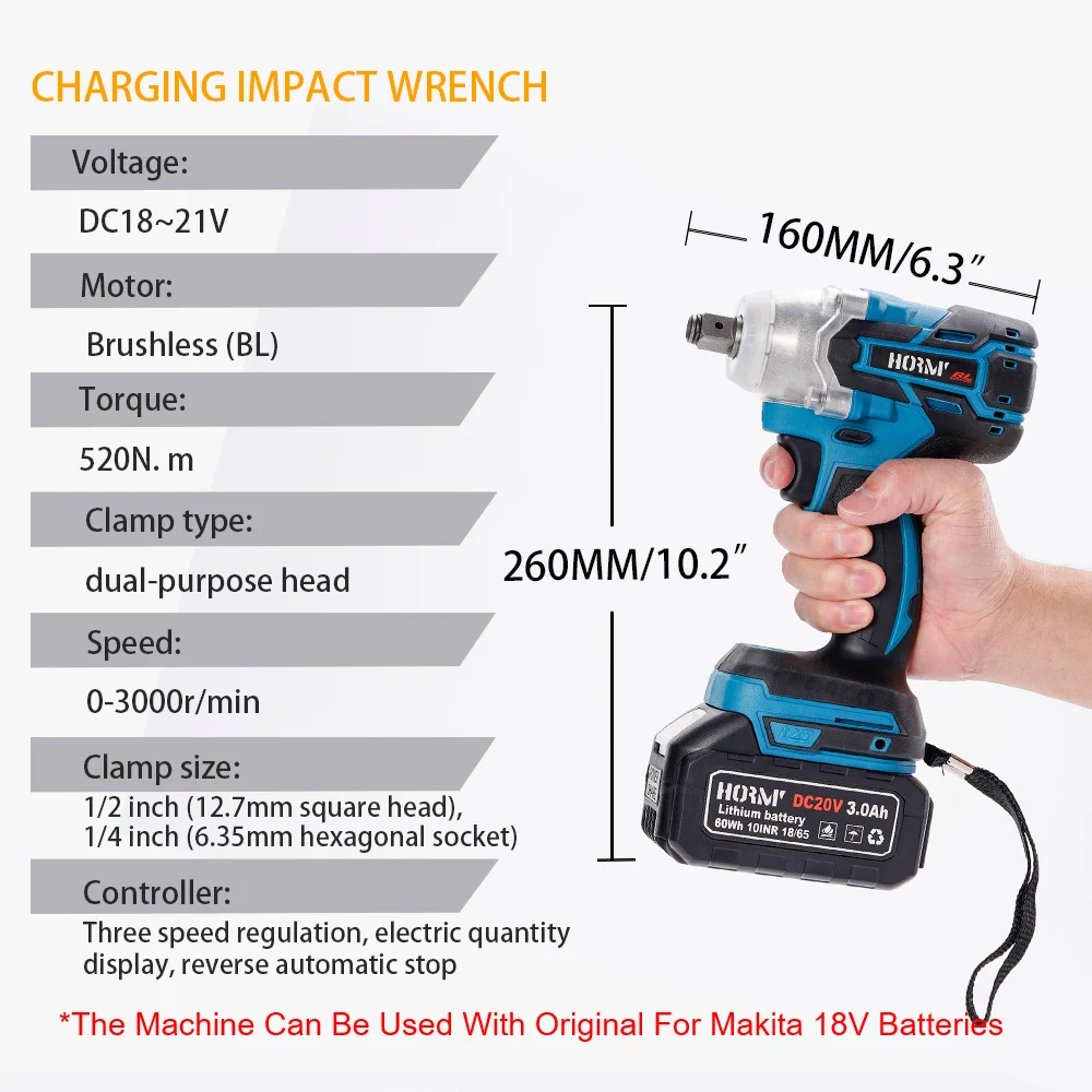 18V 520N.m Brushless Cordless Electric Impact Wrench Rechargeable 1/2 Accumulator Wrench For Makita 18V Battery 3000mAh Battery